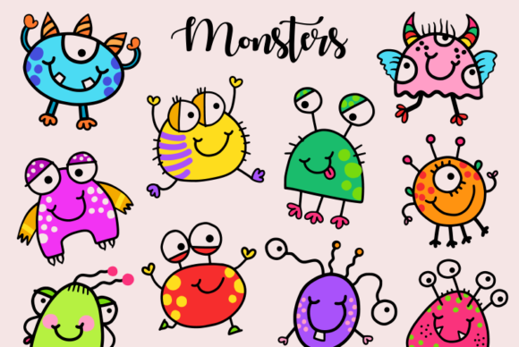 Cute Child Like Doodle Little Monsters Graphics and Illustrations