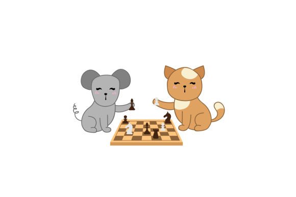 Funny Cat Mouse Playing Chess, Cartoon for Crafts and Sports