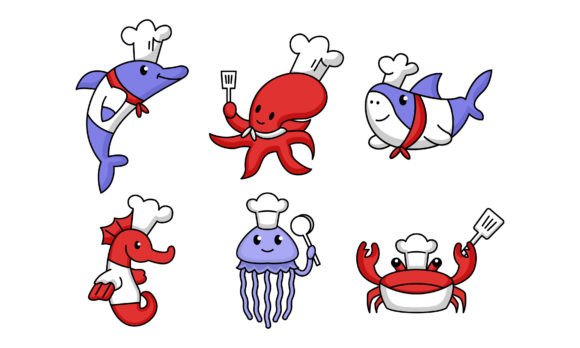 Sea Animal with Chef Costume Cartoon: Graphics for Editorial & Illustrations