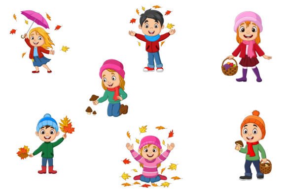 Set of Seven Fall Kids Cartoon Graphics and Illustrations Review