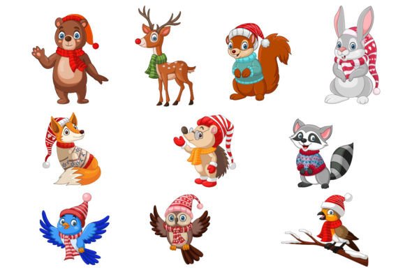 Set of Ten Forest Animal Winter Cartoon Graphics for Illustrations